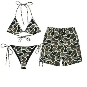 Matching Camo Couples Swimwear Set Aesthetic Green Camouflage String Bikini & Swim Trunks - Perfect for Summer Beach & Lake Days!