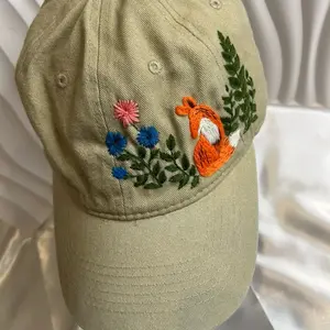 Hand Embroidered Baseball Hat with Fox and Floral Design in Khaki Color