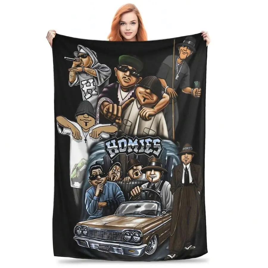 Lil Homies Chicano Style Fleece Throw Blanket, Vintage Lowrider Cartoon Print, Ultra-Soft Warm Breathable Wrinkle-Resistant Durable Flannel Bedding, All-Seasons Gift for Chicano Culture Fans (for Bed, Couch)