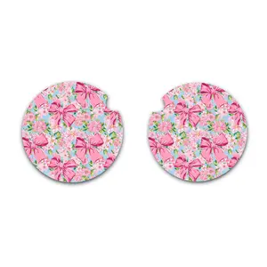 Coquette Aesthetic Pink Bow Neoprene Car Coaster, Set of Two, Cute Vehicle Accessories