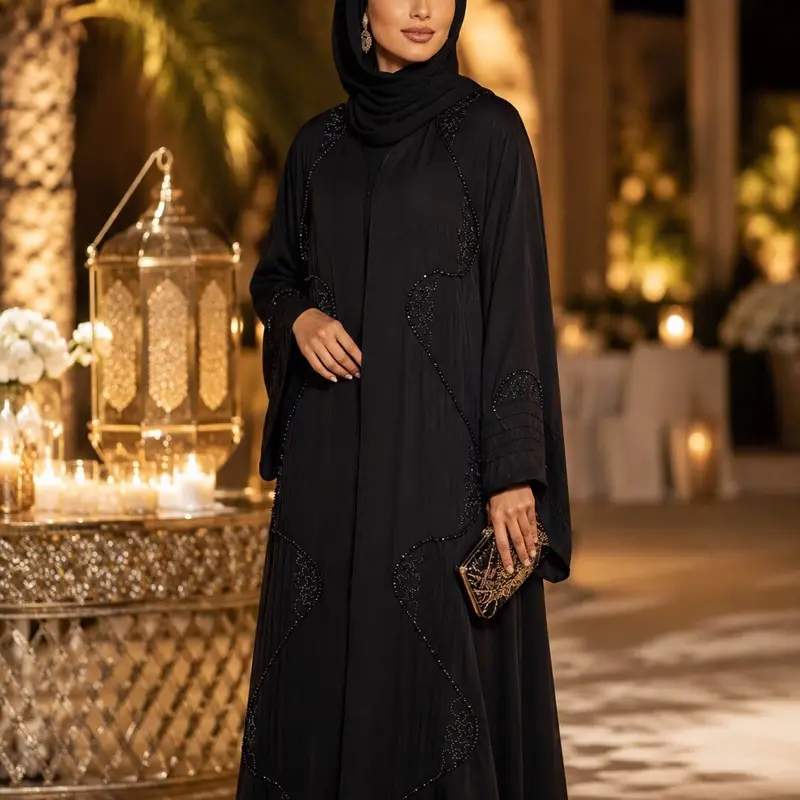 Elegant Black Cowl Neck Abaya, Minimalist Long Sleeve Gown for Women with Handmade Beads, Graceful Silhouette for Ramadan Evening Wear