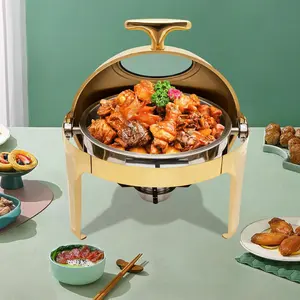 Round Chafing Dish Buffet Set 6.3 QT, Roll Top Stainless Steel Buffet Warmer Chafers with Food and Water Trays, Buffet Warmer Sets with Thick Frame for Catering Events Parties Weddings Dinners (Gold) Bakeware Kitchenware Modern