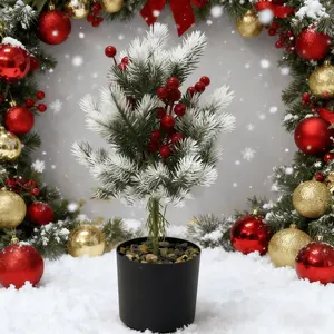 2 Piece Artificial Cedar Tree Planters, Realistic Pe Leaves, / with Berries, UV Resistant, Outdoor & Indoor Garden Decor
