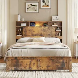 [Bellemave]Size Bed Frame with Storage Headboard, Wood Platform Bed Frame with Charging Station, LED Lights & Bookcase, No Box Spring Needed, Dark Brown