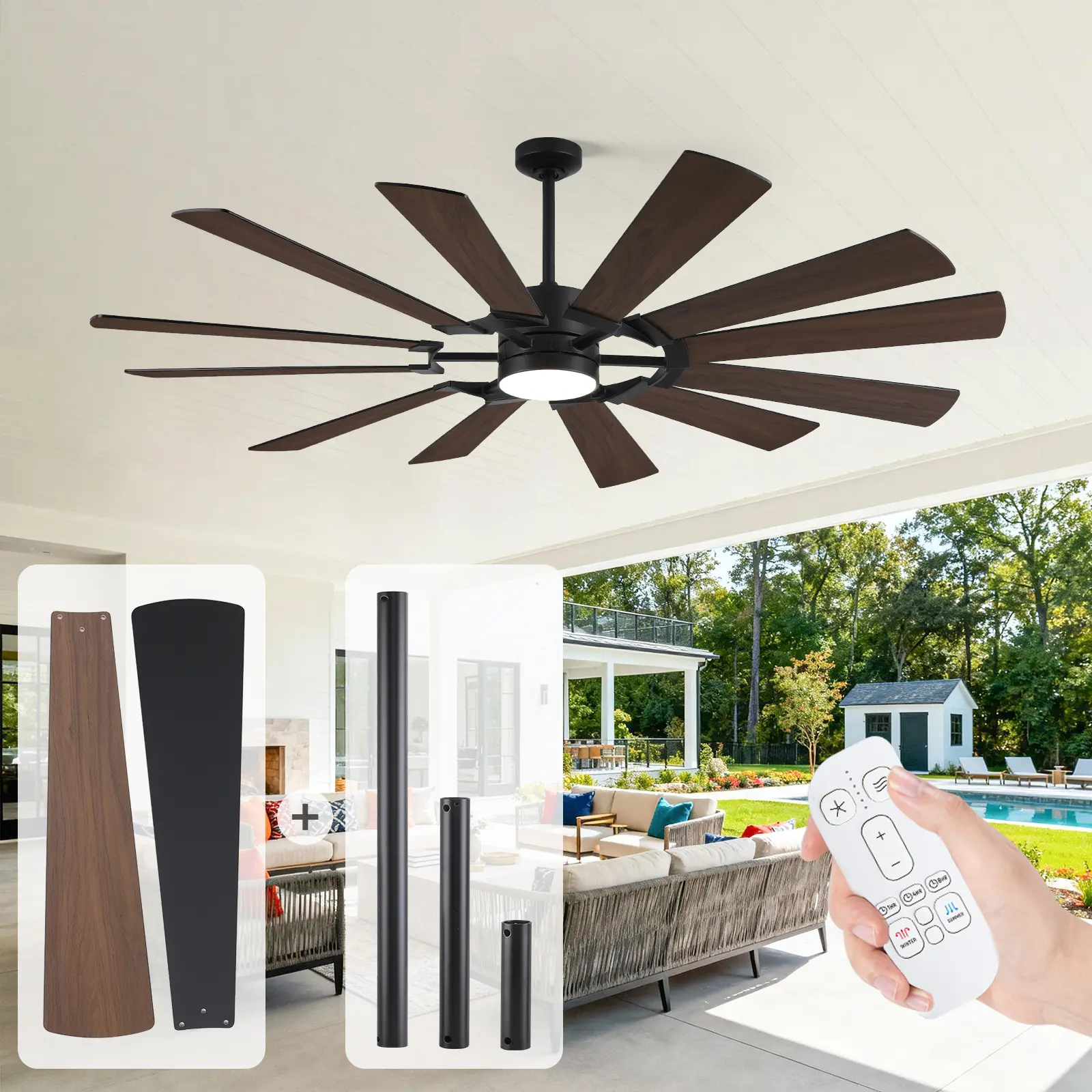 72 in Industrial Light + Fan Ceiling Fan with LED Ceiling Lights, 12 Dual-Finish Blades, Quiet Reversible DC Motor, 3CCT Ambient Dimmable LEDs, 6 Speed, Remote Control for Patios, Living Room, Large Size