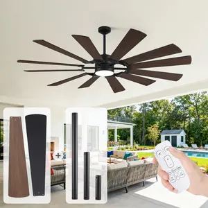 62/72-inch Industrial Ceiling Fan with Light Remote 12 Dual-finish Blades Quiet Reversible DC Motor Fans 3CCT Dimmable LED 6 Speed for Patios Porch Living Room