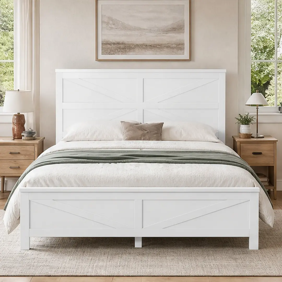 Queen Size Bed Frame with Barn Door Headboard and Footboard, Solid Pine Wood Platform Bed with Under-Bed Storage, White Finish, Farmhouse Style Bed Frame for Bedroom, No Box Spring Needed, Easy Assembly, Queen Size Options, Pine Material