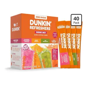 Dunkin Refreshers Drink Mix Zero Sugar 40 Pack- Strawberry Dragonfruit Lemonade, Mango Pineapple, Peach Passion fruit, & Kiwi Watermelon.