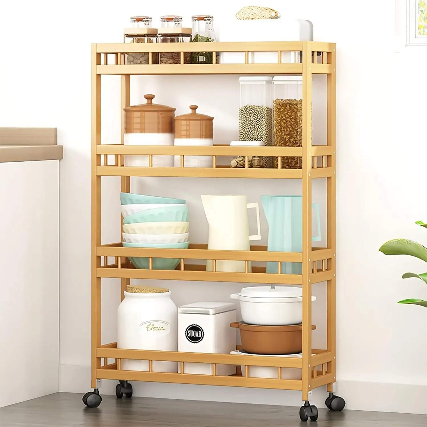 4-Tier Bamboo Utility Kitchen Rolling Cart Trolley Island Storage Shelf