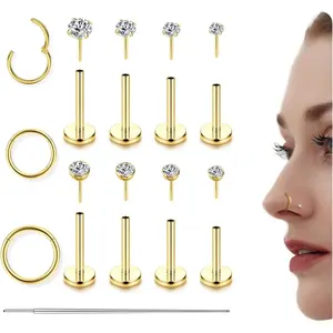 Fansilver 11pcs Flat Back Nose Studs For Women Men Hypoallergenic Surgical Steel 14K Gold Filled Nose Rings Hoops Threadless Flat Back Earrings Helix Cartilage Tragus Conch CZ Stud Labret Lip Nostril Septum Ring Body Piercing Jewelry