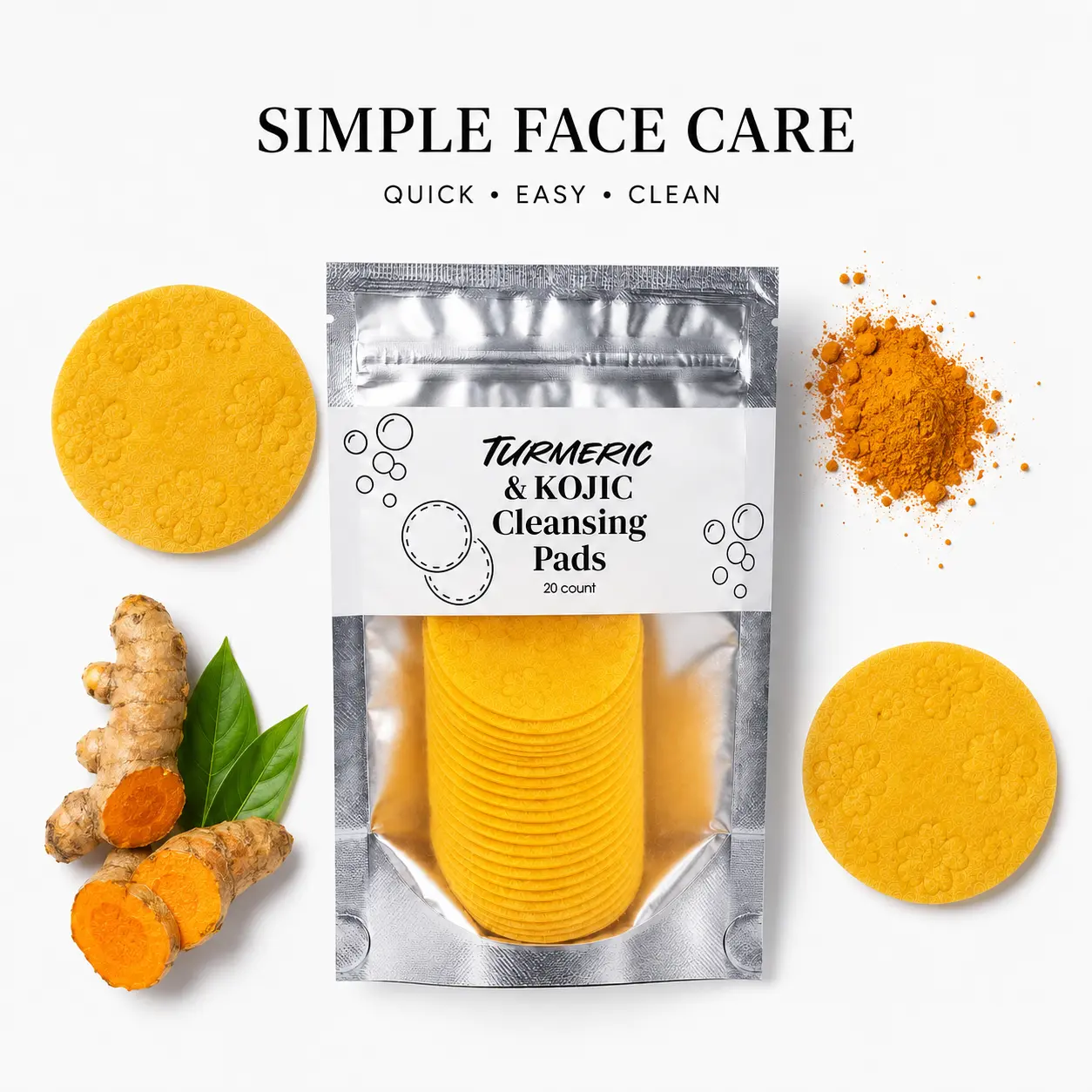 Turmeric & Kojic Acid Cleansing Pads - 20pcs Normal Skin Gentle Facial Cleanser Pads, Deep Clean, Soft Texture, Multi-Pack Skincare for Comfortable Use