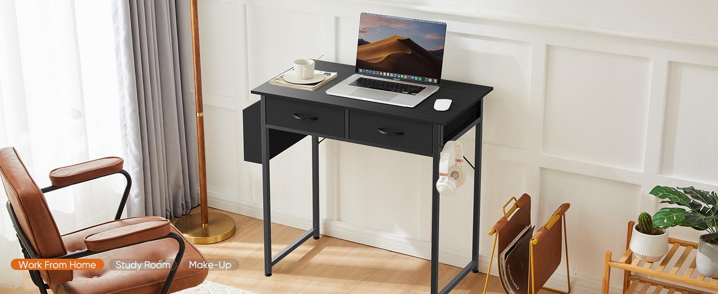 Furnest Computer Desk with Drawers Study Writing Table with Storage Bag Headphone Hook Adjustable Feet for Home Office Small Spaces