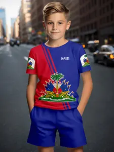 Boys' Summer Haiti Flag Print Short Sleeve Set, Sportswear Set, Casual Sporty Two-Piece, Slim-Fitting Graphic Style, Perfect for Leisure Activities