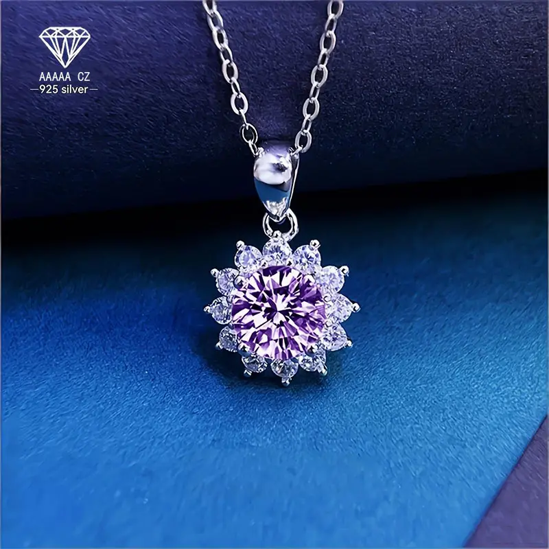 Sparkly AAAAA CZ Purple Sunflower Necklace | 925 Sterling Silver Daily Party Jewelry