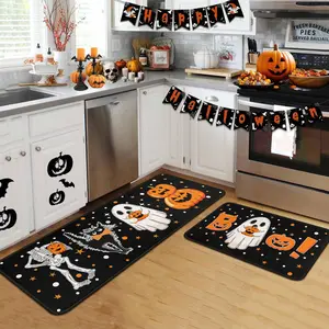 Halloween Kitchen Rug Set, Non-Slip Pumpkin Mats, Halloween Home Decor, Two-Piece Anti-Skid Carpet, Perfect for Holiday Decoration