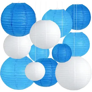 12 count Blue and White Paper Lanterns Set, Round  Lanterns in Assorted Sizes 6" 8" 10" 12", for Graduation,  Shower, Birthday, Wedding, Nautical and  Theme Party Decorations