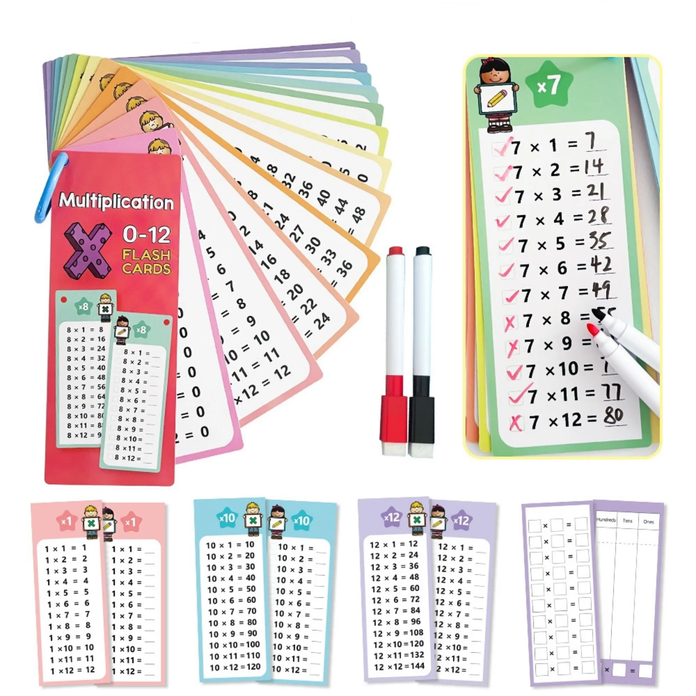 Reusable Math Flash Cards for Toddlers, Math Learning Tools, Math Teaching Aid, 15 Packs Write & Wipe Addition/Subtraction/Multiplication/Division Practice with 2 Markers, Preschool Classroom Learning Kit