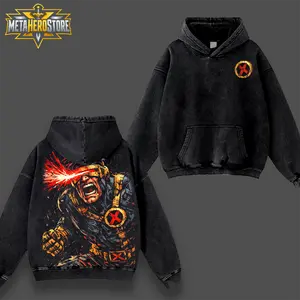 MetaHero Cyclops Optic Blast T-Shirt Hoodie, Scott Summers Mutant Leader X Team Comic Warrior Double Printed Oversize Acid Washed Cotton Graphic Top, Dark Superhero Streetwear Apparel, Classic Soft Relaxed Fit Fan Gift