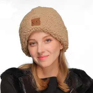 C.C Luxe Sherpa Cuff Beanie Hat with Suede Logo for Women - Cozy, Stylish, and Elegantly Textured Winter Headwear casual knit teddy  fresh  hat beanies