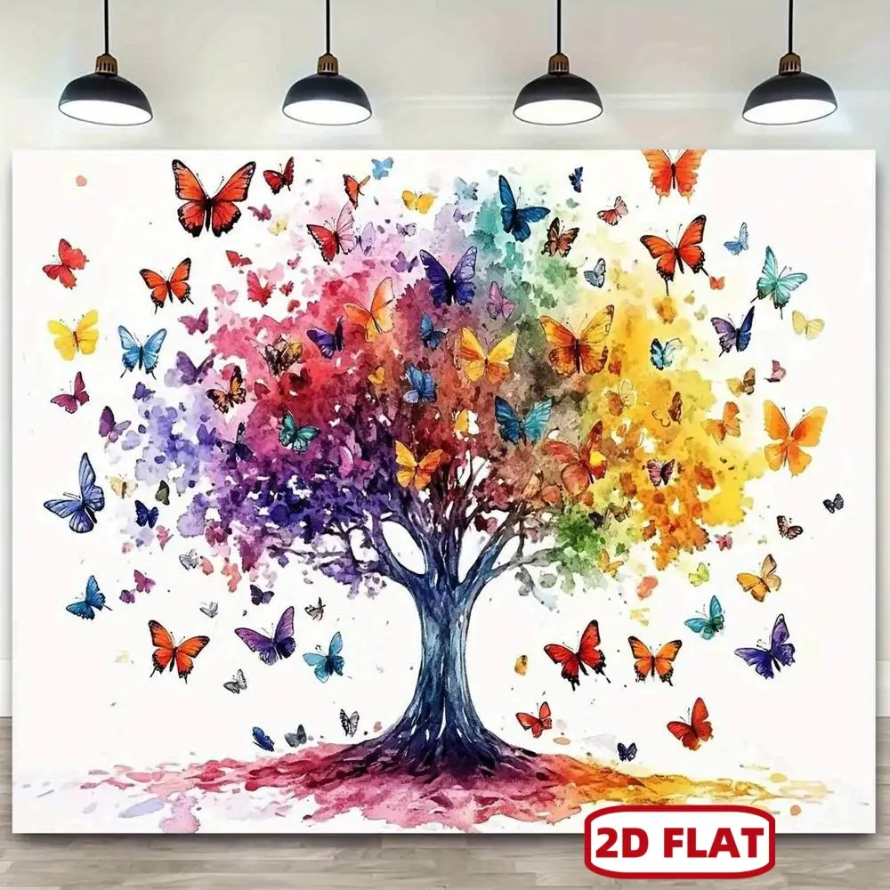 1pc Large Multicolor Butterfly Tree Textile Blanket Throw - 59"x39"(149x99cm), Watercolor Rainbow Backdrop, Color-Changing Branches, Durable, Wedding Decor