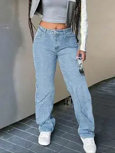 Women's Elegant Denim Wide Leg Pants, Rhinestone Zipper Pockets Design, All Seasons Street Style Jeans for Women Daily Wear
