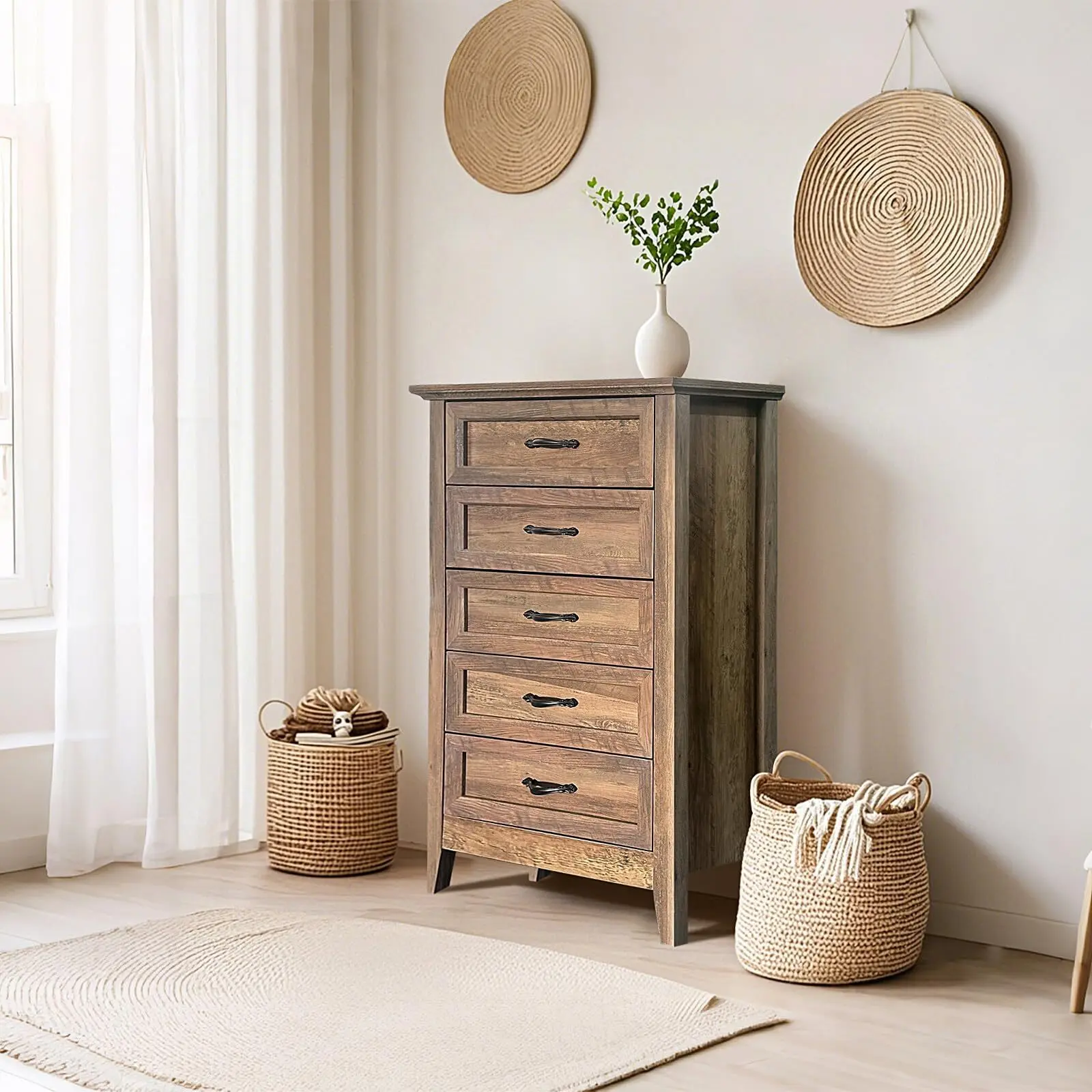 Rustic Brown 5-Drawer Farmhouse Engineered Wood Dresser - Beveled Edges, Vintage Finish, Cozy Charm, Long-Lasting Build, Spacious Storage Organizer, Reinforced Legs - Versatile for Bedroom, Living Room - Fast Hassle-Free Assembly - Rustic Brown 5-Drawer Farmhouse Engineered Wood Dresser - Beveled Edges, Vintage Finish, Cozy Charm, Long-Lasting Build, Spacious Storage Organizer, Reinforced Legs - Versatile for Bedroom, Living Room - Fast Hassle-Free Assembly -