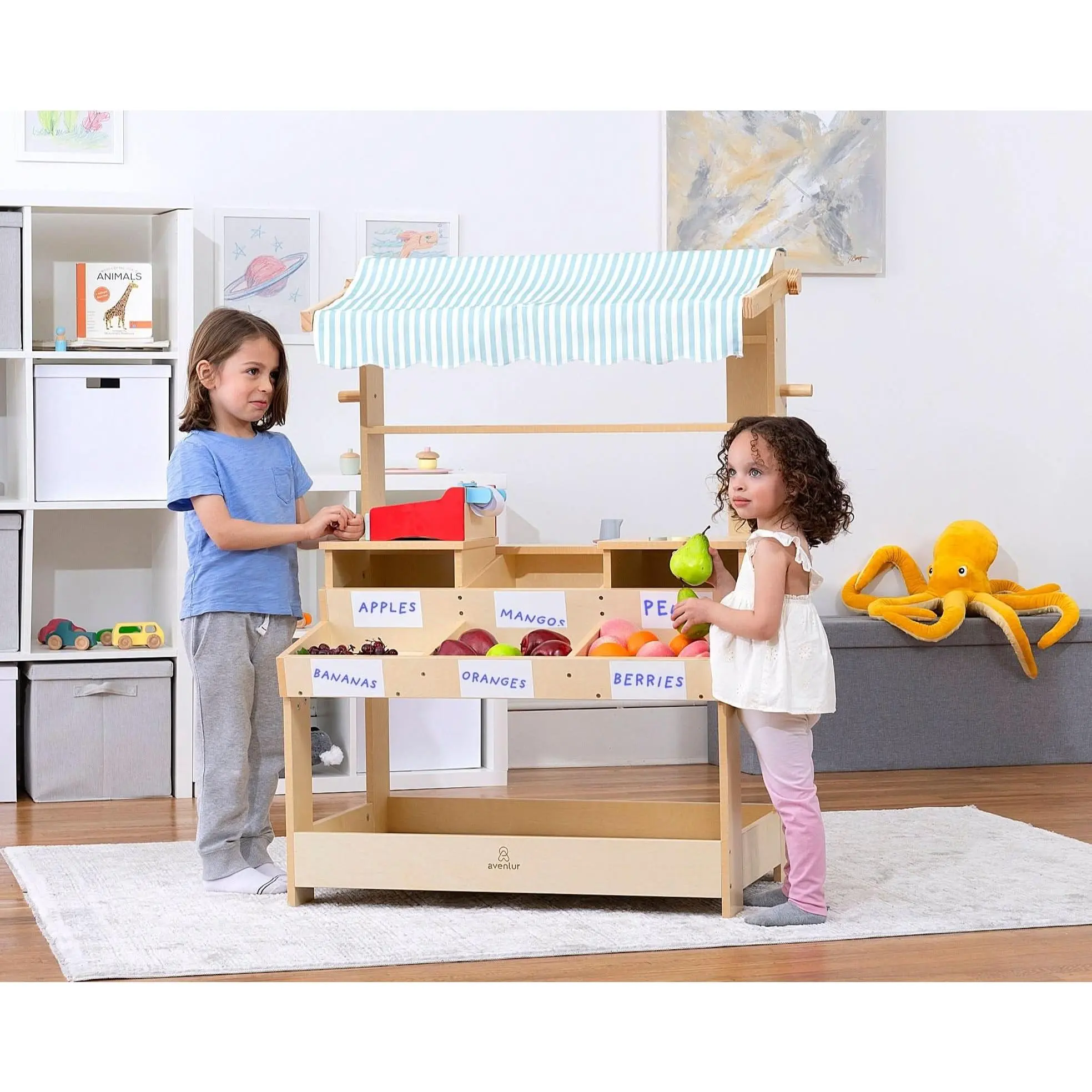 Cypress Wooden Market Stand – Pretend Play Shop for Kids with Storage