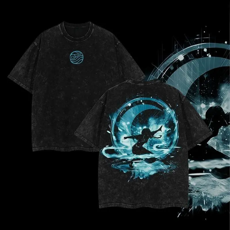 Oversized Acid Washed T-Shirt for Women, Distressed Last Airbender Graphic Print with Funny Anime-Inspired Artwork, Lightweight Cotton, Shortsleeve, Lady, Anime-Inspired Artwork Women's T-Shirts, Everyday, Anime Art Women's T-Shirts, Avatar The Last Airbe