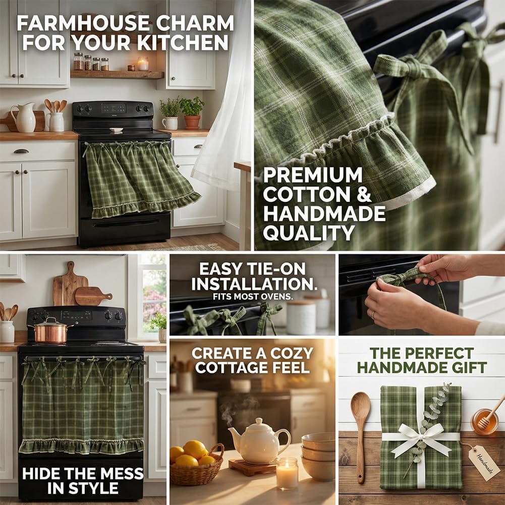Handmade Oven Skirts Oven Skirt Curtain for Door, Oven Curtain Tie Top Farmhouse Kitchen Décor Heat-Resistant Effortless Install Hide Clutter for Oven,Dishwashers Washing Machine