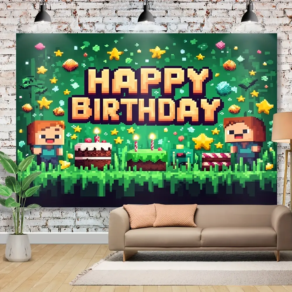 Pixel-Style "Happy Birthday" Backdrop Banner for Video Game-themed Celebrations, party decoration, holiday gift, appropriate gift