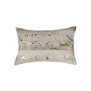 HomeRoots 544635 12x20 in. Natural & Gold Patchwork Cowhide Lumbar Throw Pillows with Glitter - Set of 2, Home Decorative Cushion
