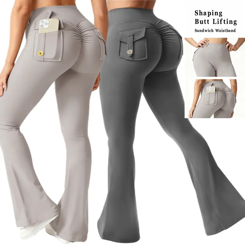 Women's High Waisted Athletic Flare Leggings - Buttery Soft Athletic Stretchable Comfy Yoga Pants, Butt Lifting, Rear Pocket, Seamless Gym Fitness Sportswear, Fitness Activewear, Gym Workout Apparel