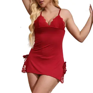Ugreat Women's Red Bow Decor Contrast Lace Cami Nightdress & Thong Set with Adjustable Spaghetti Straps Soft Modal Fitted Sleepwear for All Seasons