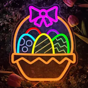 Easter Egg Neon Sign, USB Plug-in Dimmable Egg Basket LED Sign, LED Light Sign for Easter Party Gifts Bedroom Holiday