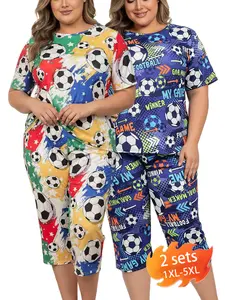 Women's 2-Piece Soccer Print Plus Size Pyjamas Set, Loose Smooth Fabrics Comfy Loungewear for Football Fans