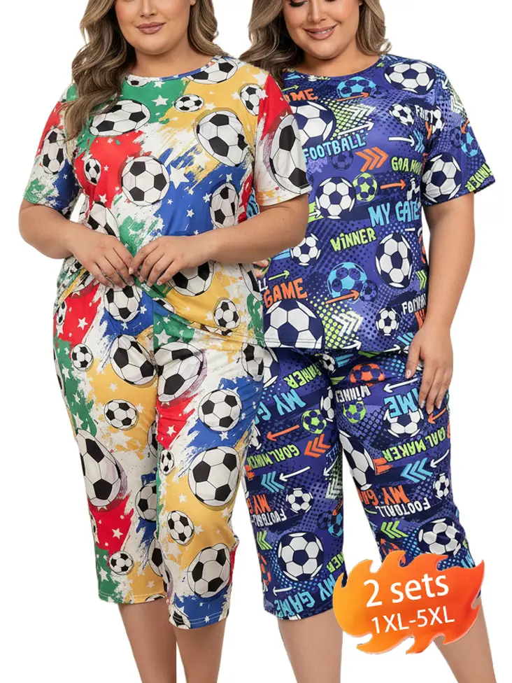 Women's Plus Size Graphic Print Pajama Set, 2-Piece Comfy Short Sleeve Loungewear with Capri Pants, Soft Knit Fabric, Teal, Shortsleeve, Stripe, Comfy Sets, Knitting, Smooth, Floral, Loose, Top, Pyjamas, Casual Wear, Butterfly, Nightwear, Machine Wash, Cu