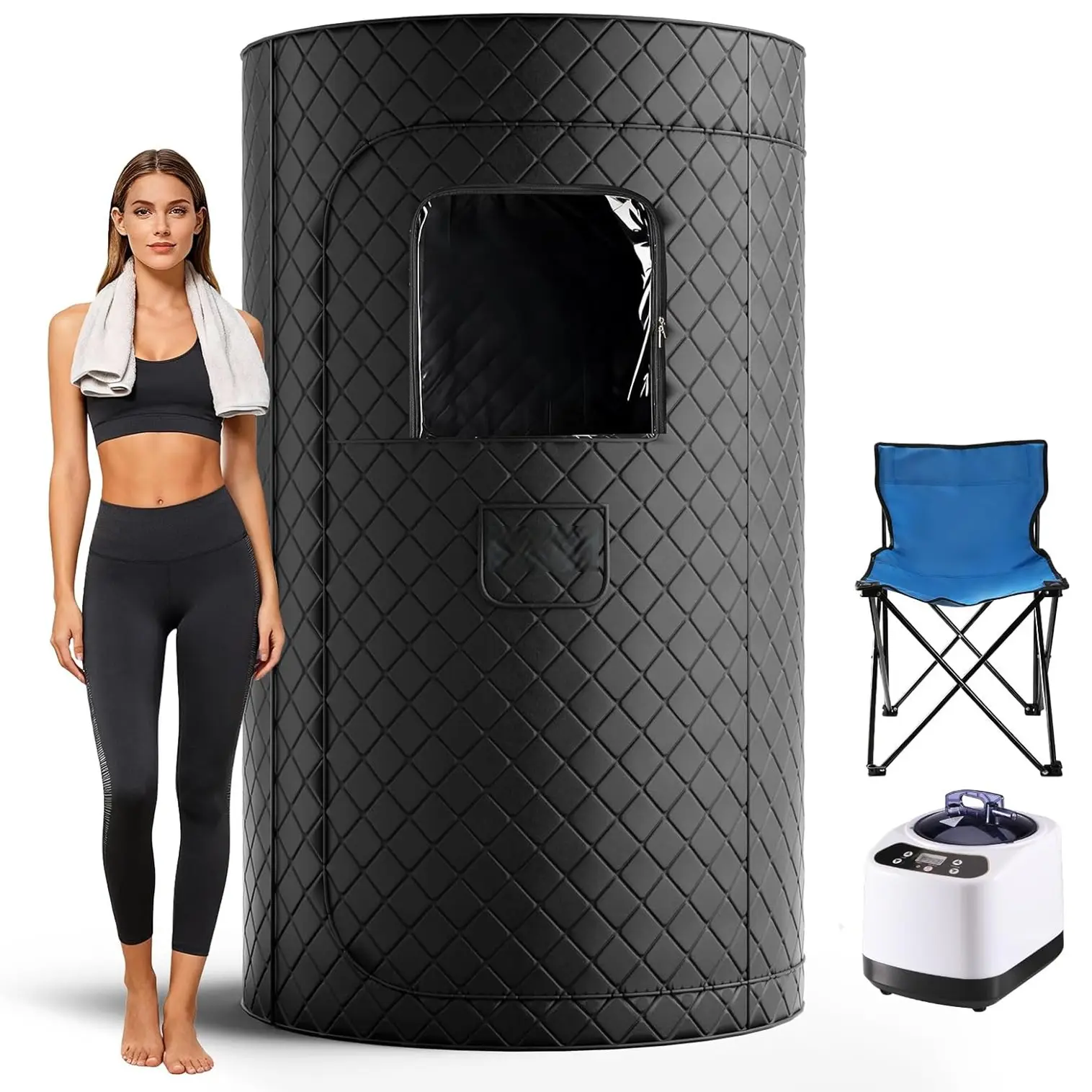 Enhulk Portable Sauna Box for Relaxation, Detoxification, Steam Sauna Tent for Home with 3.0L Steamer, Folding Chair, Remote Control, Doormat, 9 Levels, 3.6' x 3.6' x 5.9', Circular