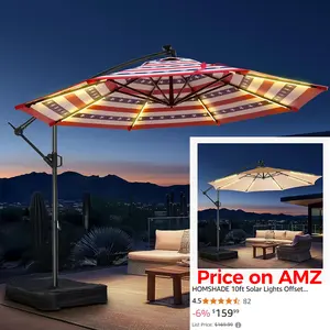 10ft Solar Lights Offset Cantilever Patio Umbrella - with Light and Base, LED Lighted Offset Hanging Patio Outdoor Market Umbrella UPF50+ UV Protection with Easy Tilt and Crank for Pool Deck & Garden