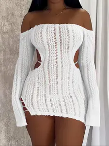 Women White Lace Mini Dress Off Shoulder Long Sleeve Sheer Crochet Knit Bodycon Cut Out Side Tie Backless Slim Fit Ruched Stretch Club Party Night Out Vacation Beach Cover Up Dress Sexy Y2K Going Out Outfit Lady Womenswear