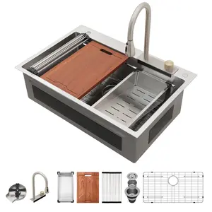 Lordear 33x22 INCH Waterfall Kitchen Sink Single Bowl Drop In Kitchen Sink 16 Gauge Stainless Steel Workstation Sink With Glass Rinser,Faucet Home Wood