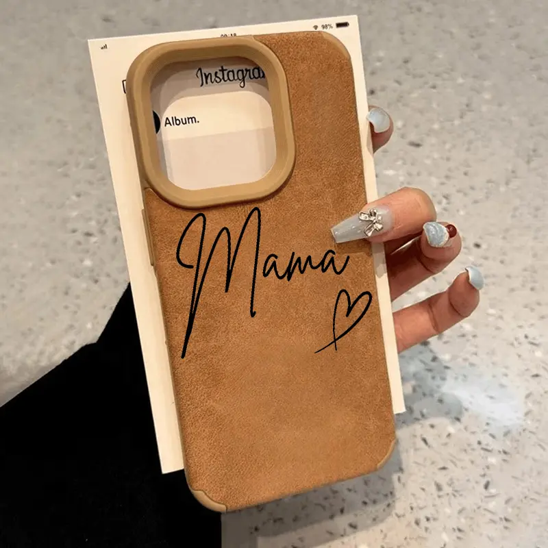 Happy Mother's Day Pattern Luxury Matte Lambskin Faux Leather Phone Case for iPhone 16 15 14 Pro Max 13 12 11 XR XS Plus Shockproof Non Slip Military-Grade Protection Silicone Cover