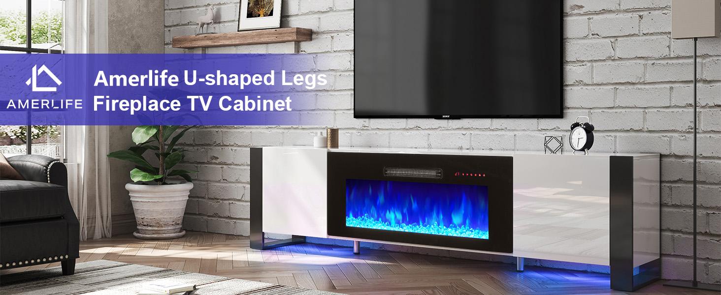 [Ships in 2 Boxes] [Spring Sale] AMERLIFE U-Shaped Legs Fireplace TV Stand, Media Console with Electric Fireplace and LED Lights, Modern Entertainment Center with Storage Shelf, Apartment Furniture/Best Gift Ideas/Christmas Gifts