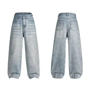 Women's Pants Versatile Loose Slimming Long Pants Retro Rhinestone Polka Dot Frayed Design High Waist Straight Leg Jeans Denim Womenswear Clothing Casual Bottom Trouser Streetwear Comfort Maternity Basic Minimalist Picture Color