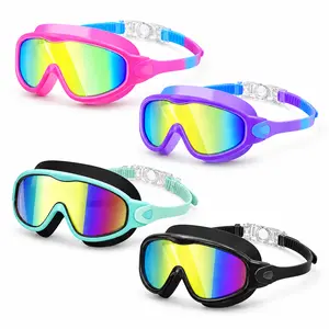 Swim Goggles 4 Pack, Kids Swimming Goggles with Earplugs&Nose Clip Wide View Anti-Fog/UV,Adjustable Straps for Age 3-15 Boys Girls