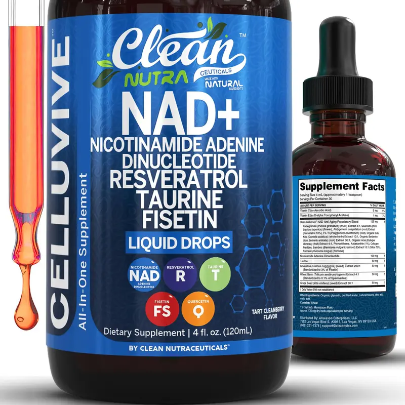 Clean Nutra NAD+, Nicotinamide Adenine Dinucleotide, Resveratrol, Taurine, Fisetin & More for Cellular Energy & Aging Longevity Supplement - Celluvive Liquid Drops