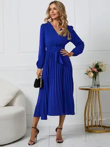 Women's Plain Belted Pleated Wrap A Line Dress, Elegant Bishop Sleeve V Neck Midi Dress for Party Holiday Wedding Guest, Ladies Clothes for All Seasons