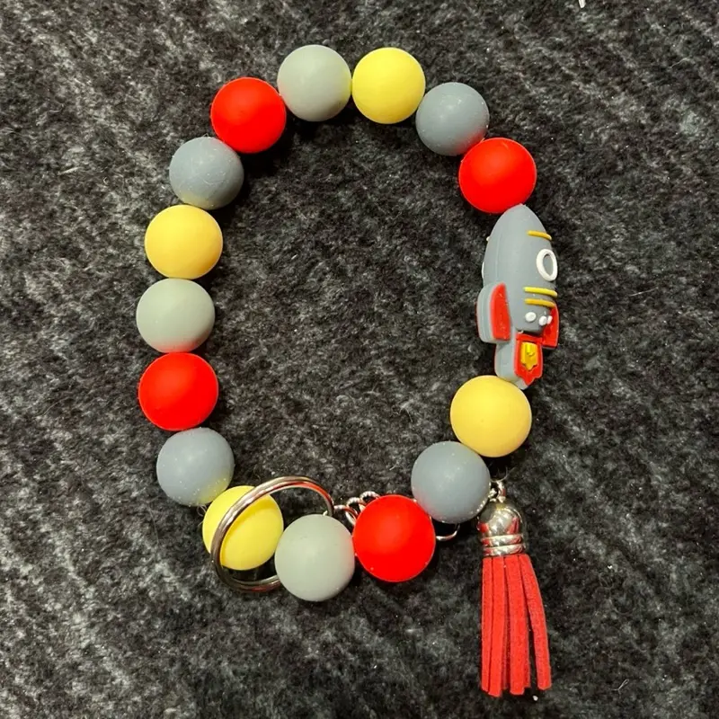 Rocket Ship Keychain Wristlets with Colorful Beads and Red Tassel Charm