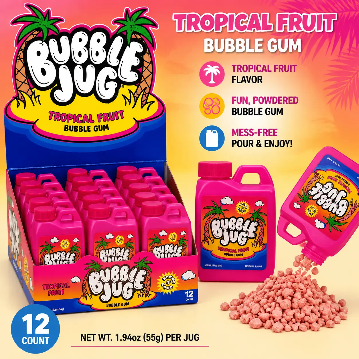 Bubble Jug Tropical Fruit Bubble Gum 12 Count  Fun Mini Jug Bubble Gum | Fruity Chewing Gum Treats for Parties & Gift Bags