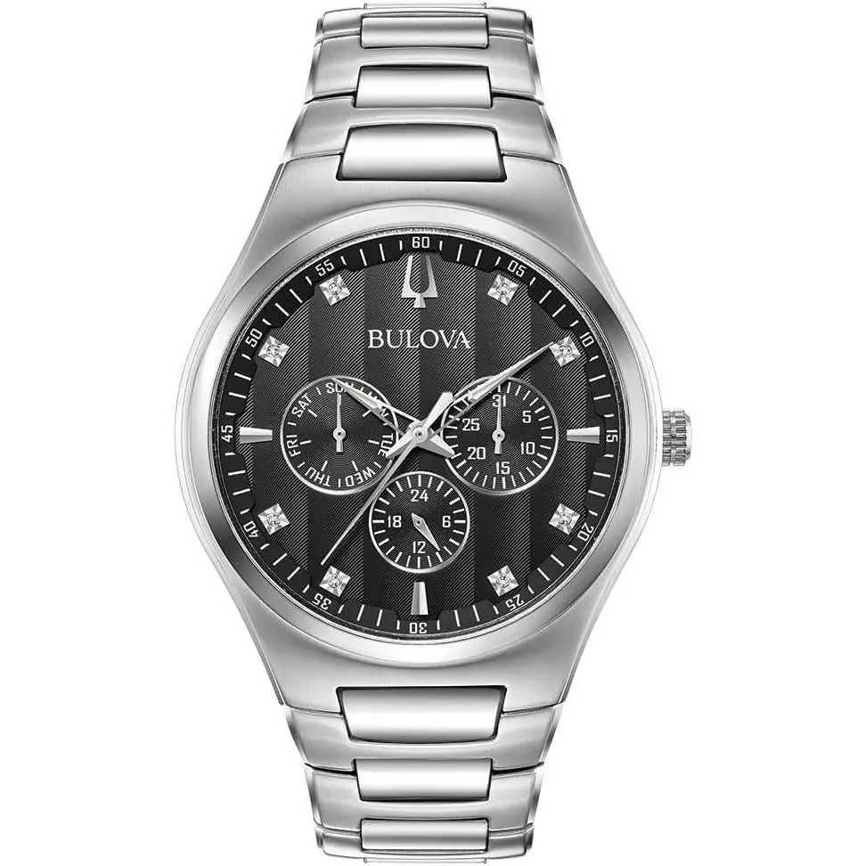 Bulova Classic Stainless Steel Multi-Function Diamond Accent Men's Watch 96D143, Classic Fashion Men's Watches with Clasp, Textured Dial, 30M - 50M Water Resistance for Everyday Use