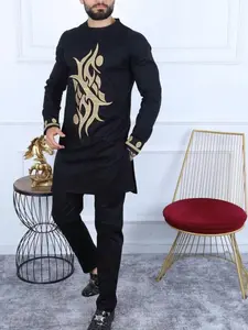 Men's  Embroidery Detail Long Sleeve Top & Drawstring Waist Pants Set, Regular Fit Casual Comfy Breathable Side Split Hem Round Neck Top & Pocket Trousers for Daily Wear, Men's Two-piece Outfits for All Seasons Clothes